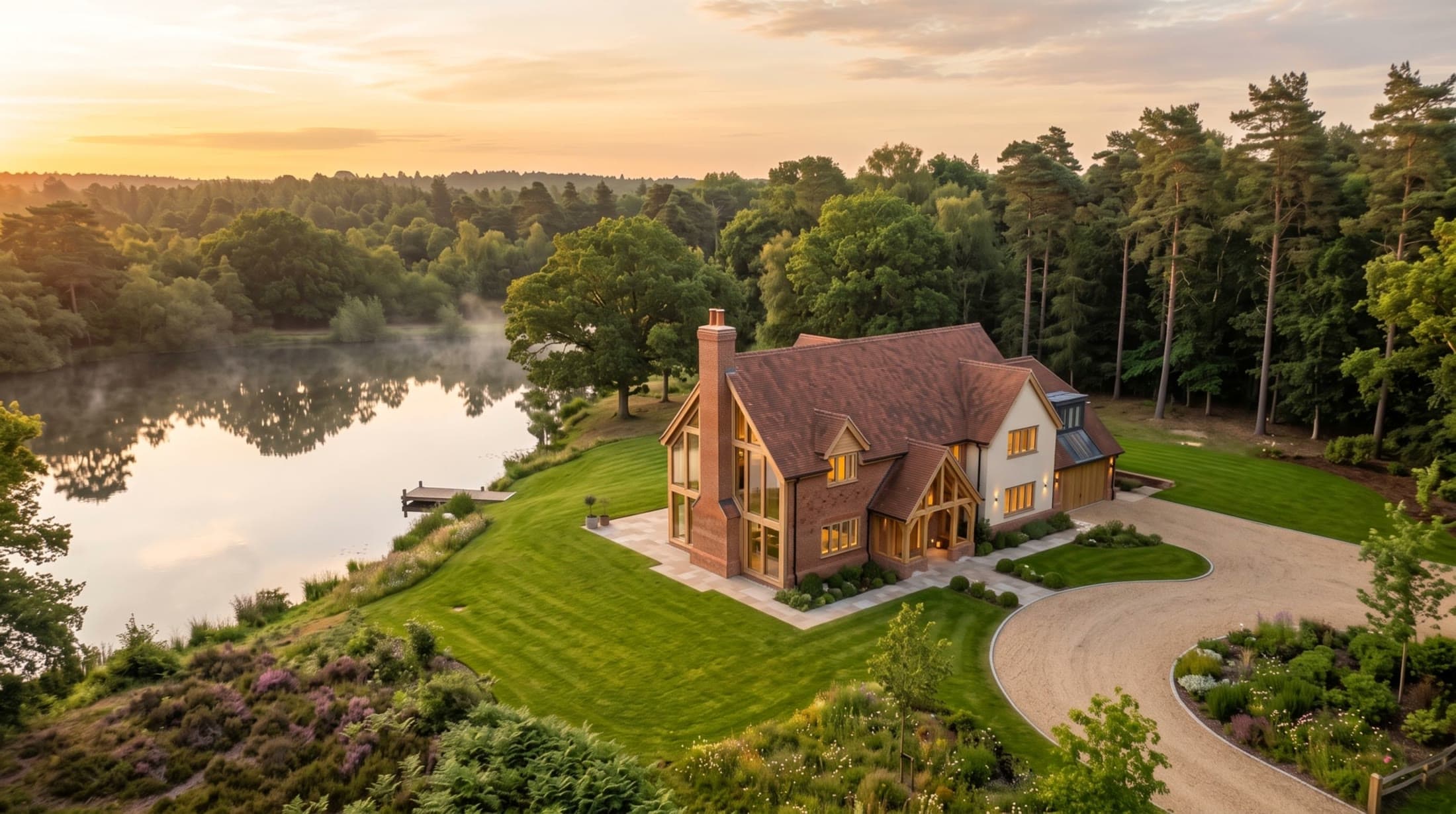 A newly built family home beside a lake at the edge of the New Forest at golden hour, built by FR Carpentry