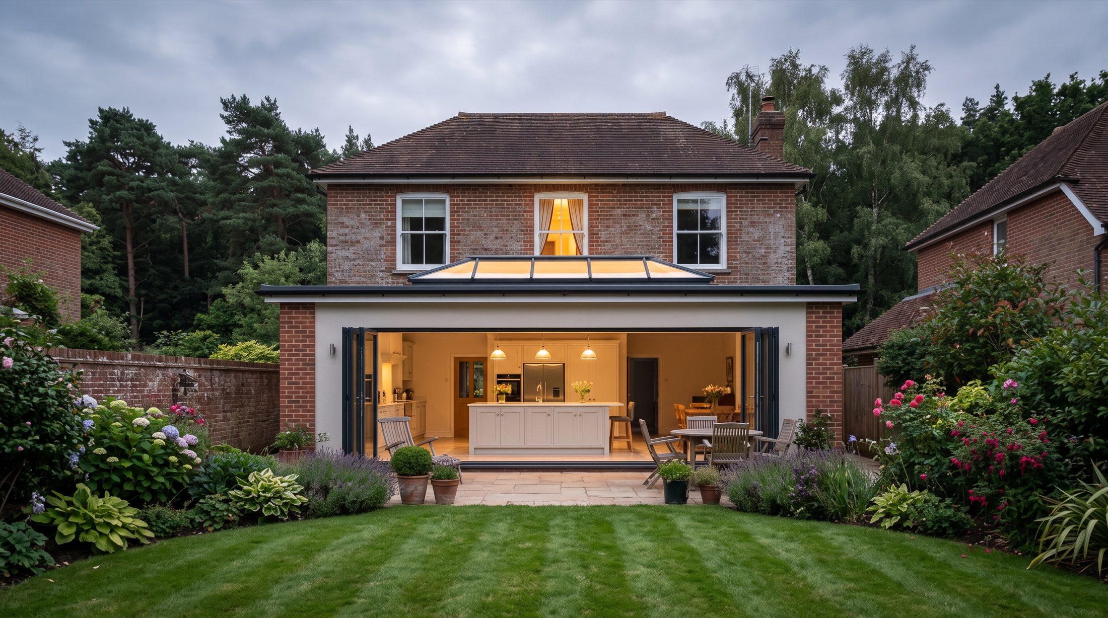 The finished rear extension with bi-fold doors open onto the garden, snagged and handed over